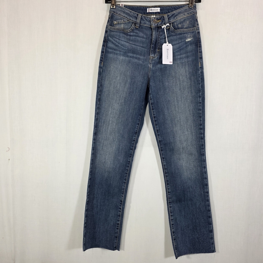 Morrison Denim The Friend Mid-Rise Straight Leg Jeans Raw Hem Blue 25 NWT
